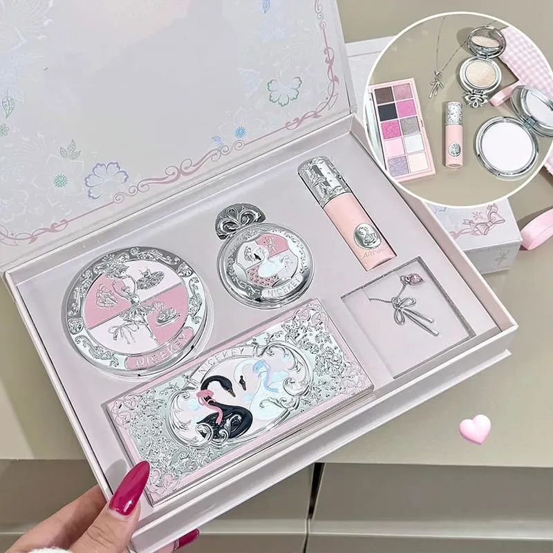 Conjuntos de maquiagem incluem 1 * mancha labial 1 * pó prensado 1 * pó de destaque 1 * paleta de sombra com colar kit de cosméticos para presente