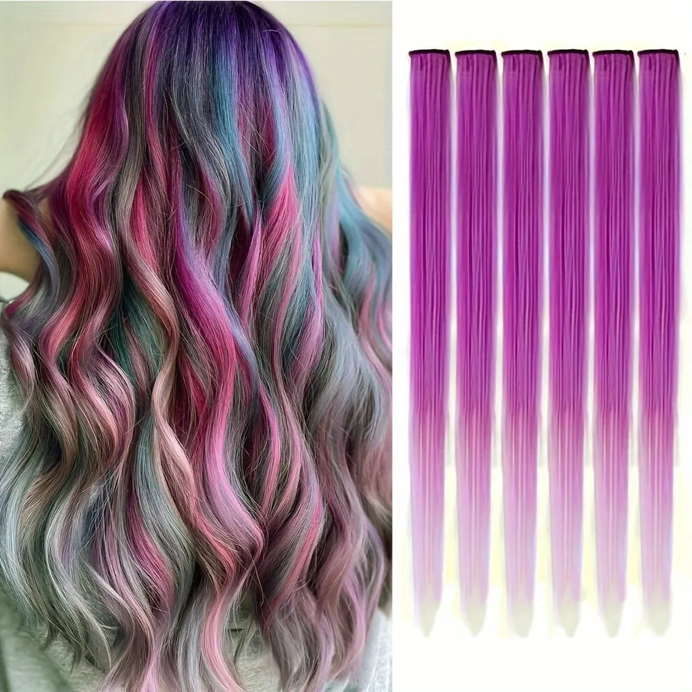 6 unidades/pacote colorido festa destaques clipe em extensões de cabelo 22 polegadas multi-cores cabelo liso sintético postiços — image 23