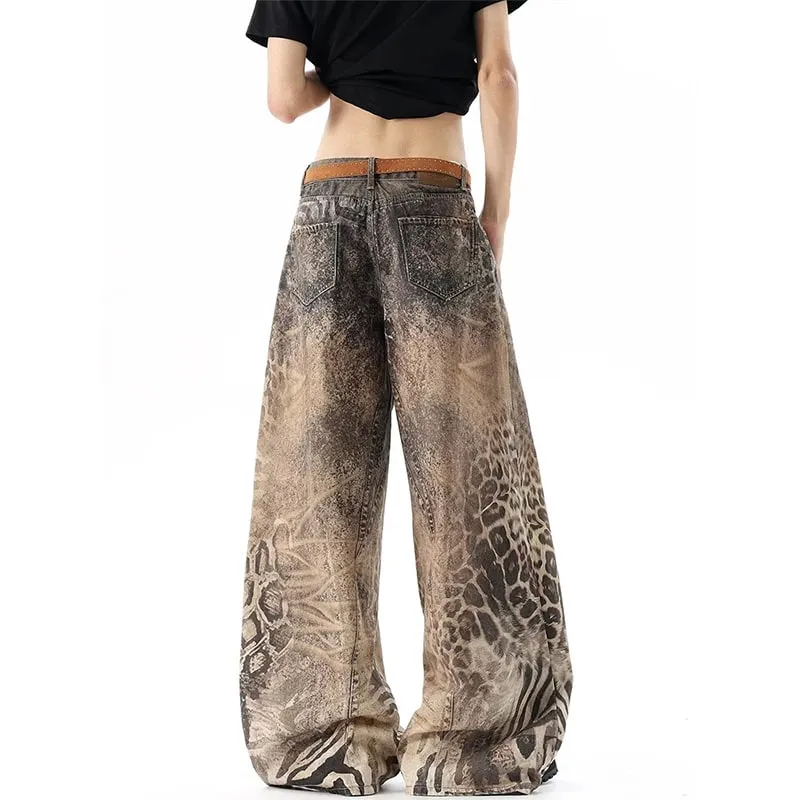 Lavado marrom angustiado leopardo impresso solto jeans masculino streetwear casual perna larga denim calças compridas verão novo