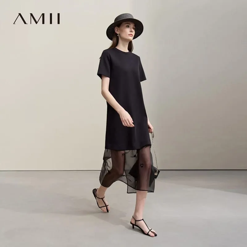 Amii vestidos longos 2026 outono novo em torno do pescoço manga curta retalhos vestido feminino removível organza elegante vestido feminino 12651024