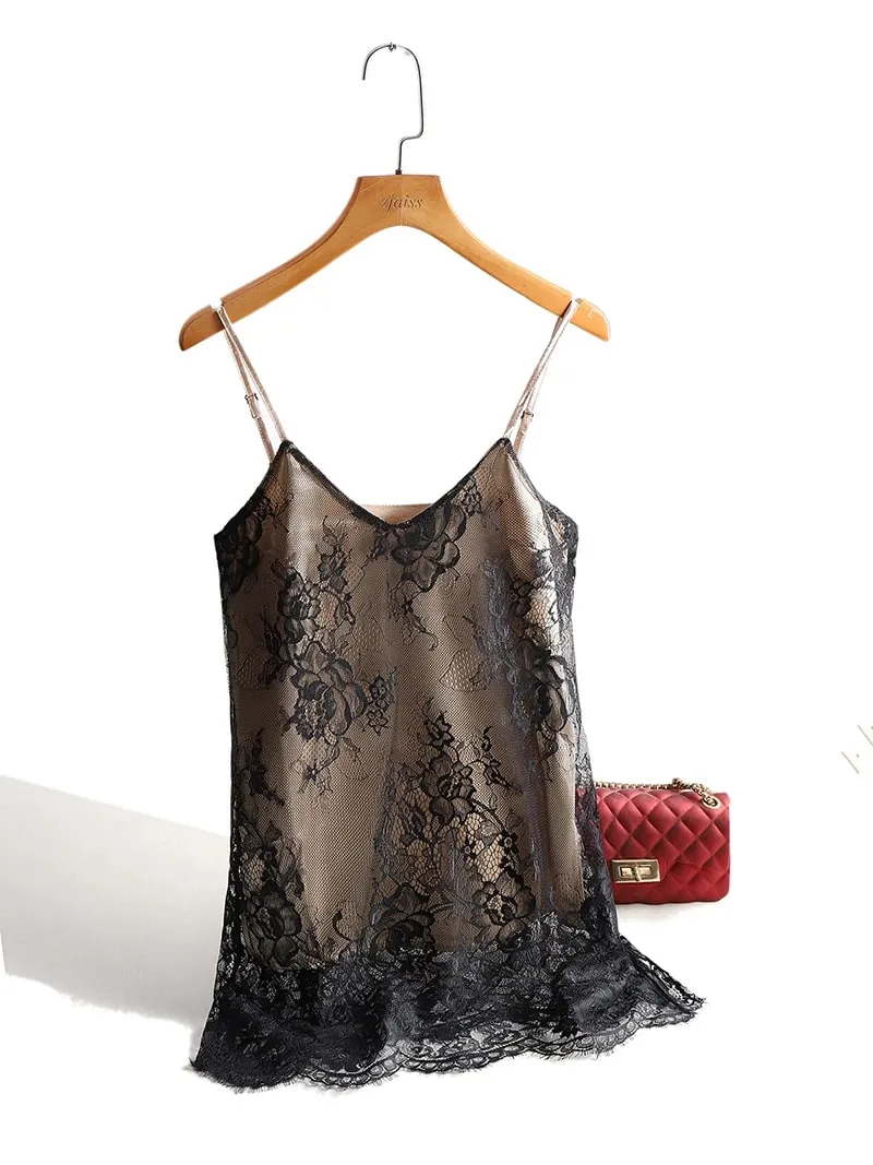 Sexy renda espaguete cinta superior feminino halter v pescoço básico cami sem mangas cetim de seda regata verão