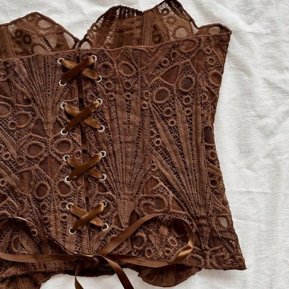 Bustier volta gravata oco para fora espartilho superior bainha irregular espinha de peixe renda espartilho malha emenda roupa interior feminina clubwear