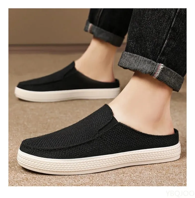 Verão respirável cor sólida versátil e confortável sapatos de pano masculinos de um pé casuais leves meio arrasto mocassins