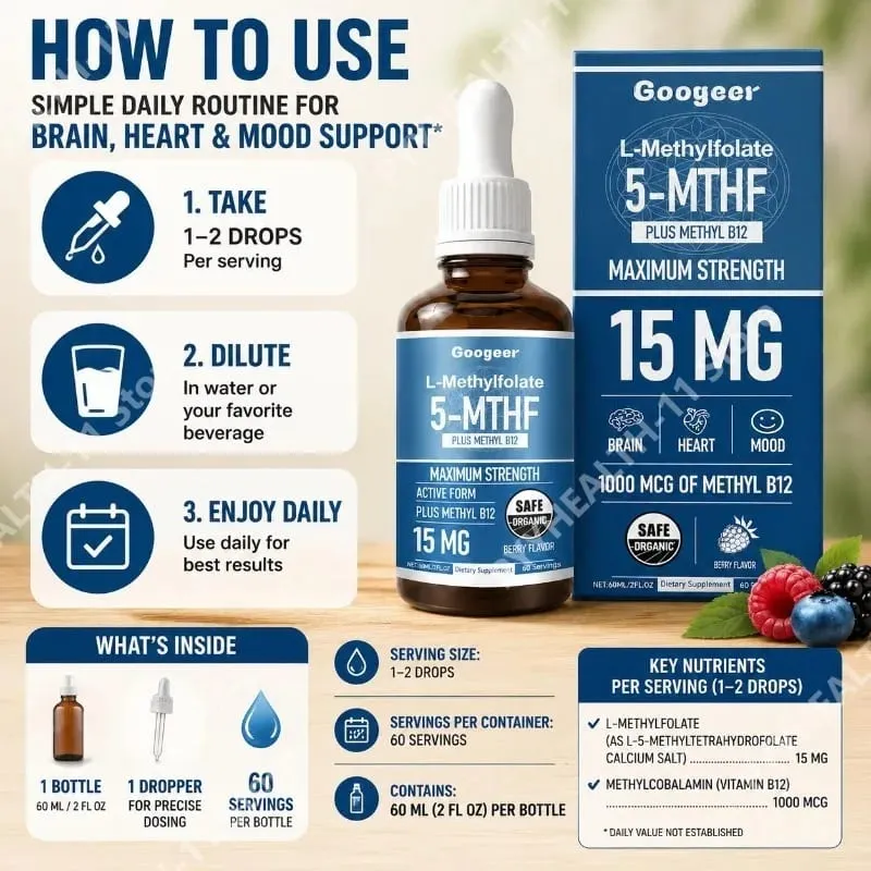 Googeer L-Metilfolato 5-MTHF Gotas Líquidas com Metil B12 15mg 1000mcg Força Máxima Coração Cérebro Humor Suporte 60ml