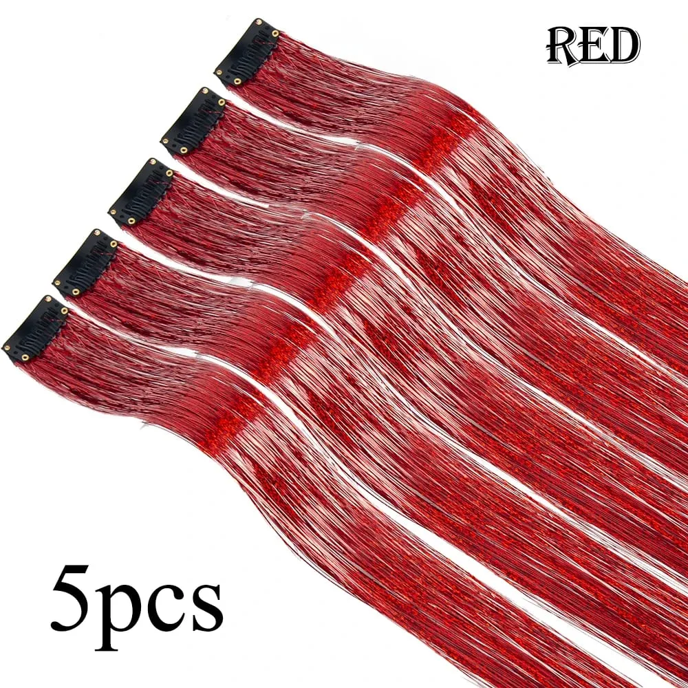 Atacado 5 unidades/pacote espumante brilhante extensões de cabelo clipe em brilho brilhante cabelo enfeites arco-íris brilhante brilho cabelo ouropel rosa/vermelho