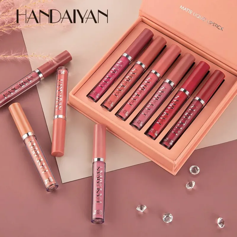 6 pçs/set Lip Gloss Longa Duração À Prova D 'Água Matte Lip Tint Copo Antiaderente Batom Líquido Caixa de Presente Cosméticos Maquiagem
