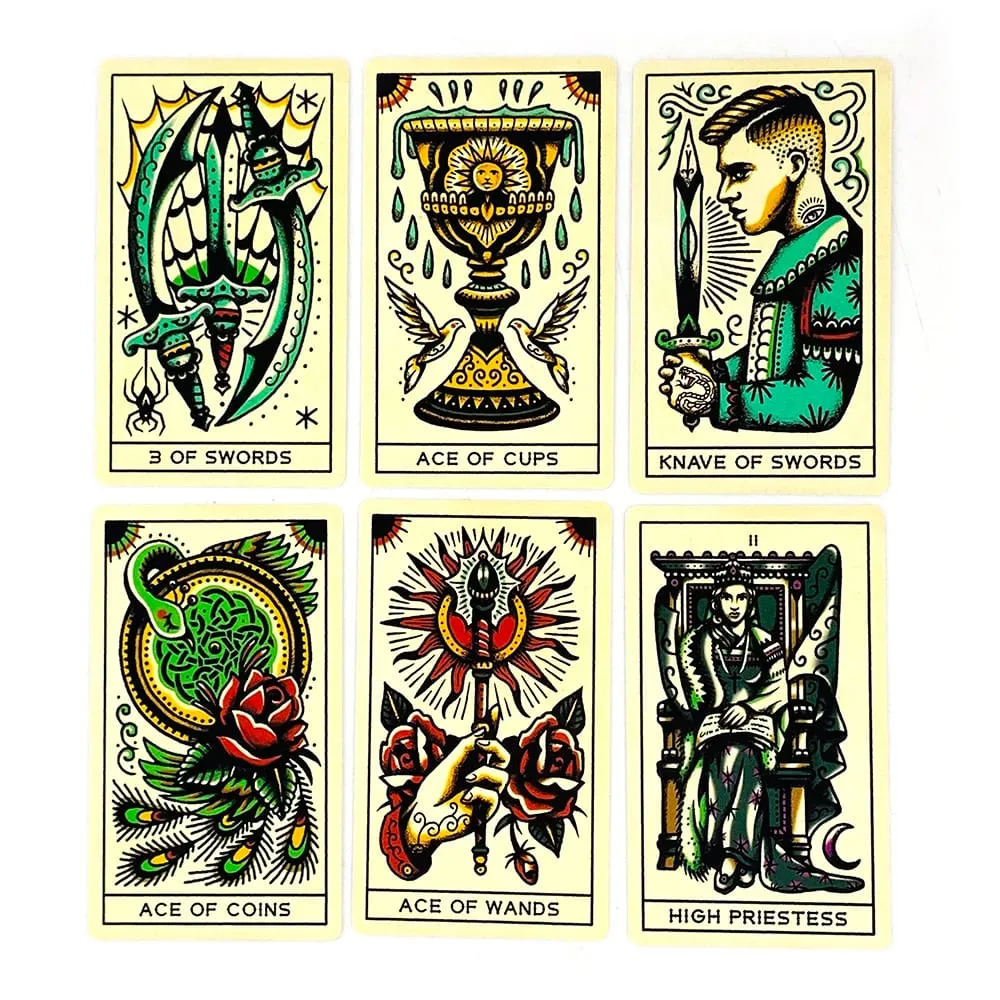 Venda quente cartas de tarô de tatuagem um 78 baralho de tarô pdf guia futuro adivinhação borad jogos de cartas de reunião de família