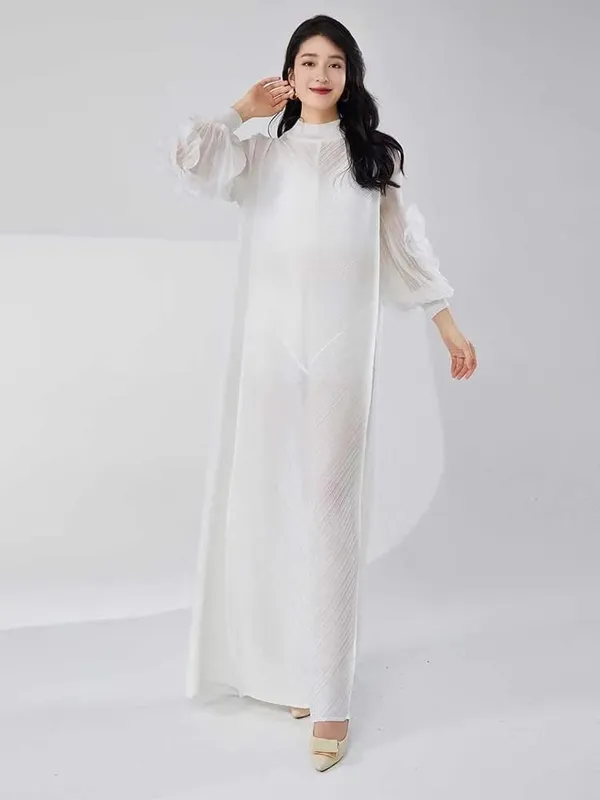 Vestido longo plissado com mangas babados, solto, cor sólida, costura, roupas femininas para festa, verão, roupas novas 2da5900