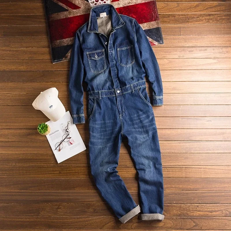 Denim Jumpsuits Loose Pockets Long Sleeve Overalls Lapel Collar Pockets Cargo Jeans for Men