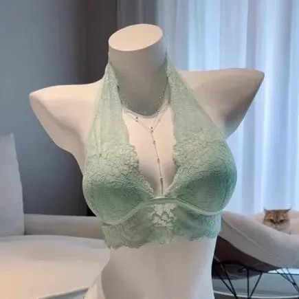 Conjunto de sutiã com gola halter verde menta, lingerie de renda sem fio, almofadas ajustáveis, costas em formato de coração para mulheres, roupas íntimas e externas
