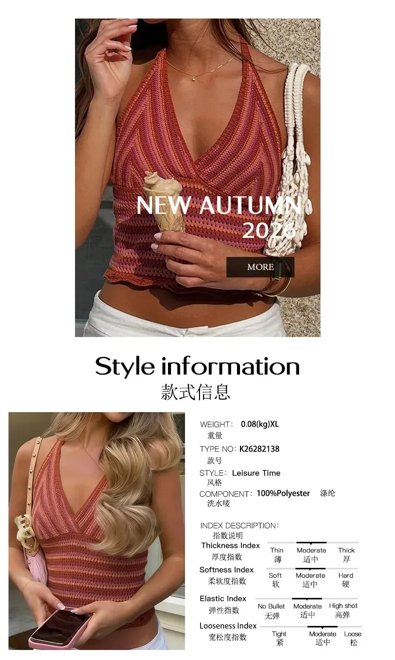 Mulheres primavera verão halter malha cami top profundo decote em v listra gradiente sem mangas recortada regata casual