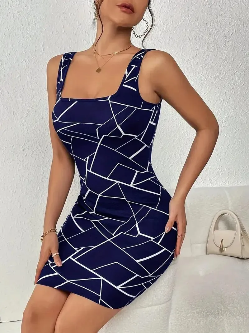 Feminino pescoço quadrado cinta de espaguete abstrato geométrico impressão bodycon mini vestido sem mangas fino ajuste clube festa vestido curto