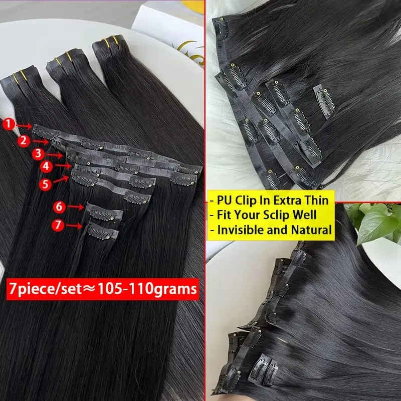 Invisible Seamless Clip Ins Bone Straight Human Hair Unprocessed Raw Hair PU Weft Extensions Full Head 7Pcs/Set Clip on Hair