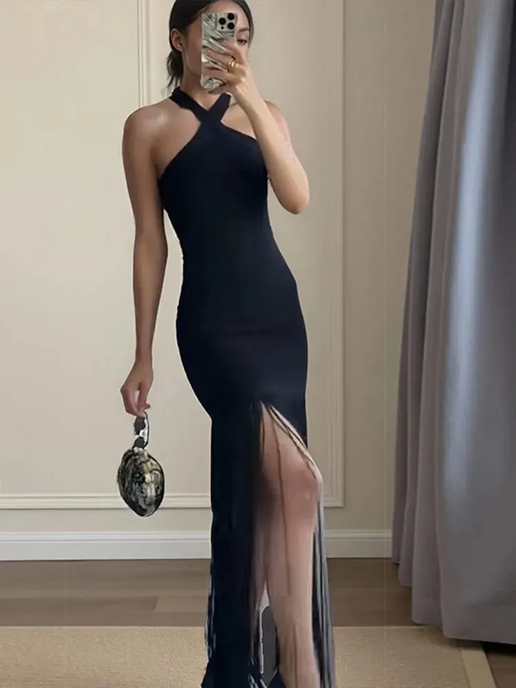 Mulheres borla retalhos halter maxi vestido chique sólido sem mangas fora do ombro magro fenda vestidos moda senhora vestidos de festa de férias