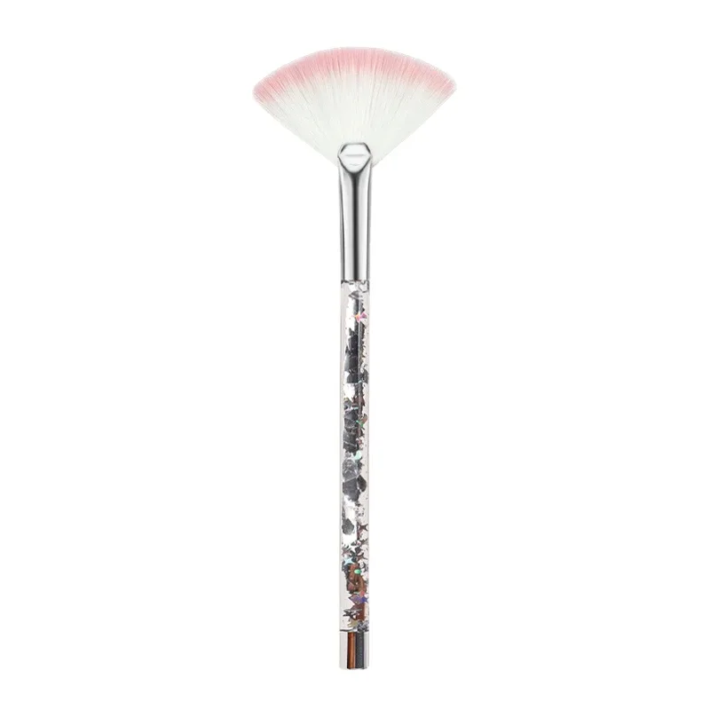 Pincel de maquiagem leque com glitter, 5 peças, cabo transparente, cerdas macias, iluminador, pó, blush, rosto, ferramenta de beleza cosmética