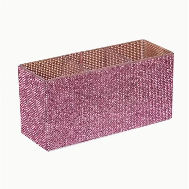 Organizador de pincéis de maquiagem com strass brilhante, com 3 compartimentos, pincéis de maquiagem de grande capacidade, batom, caixa de armazenamento de ferramentas cosméticas