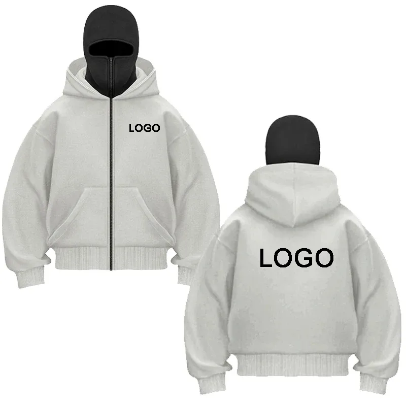 Diy design duplo-capuz zíper hoodies masculino personalizado impresso manga longa zip up sweatshirts feminino máscara ninja pullovers jaqueta