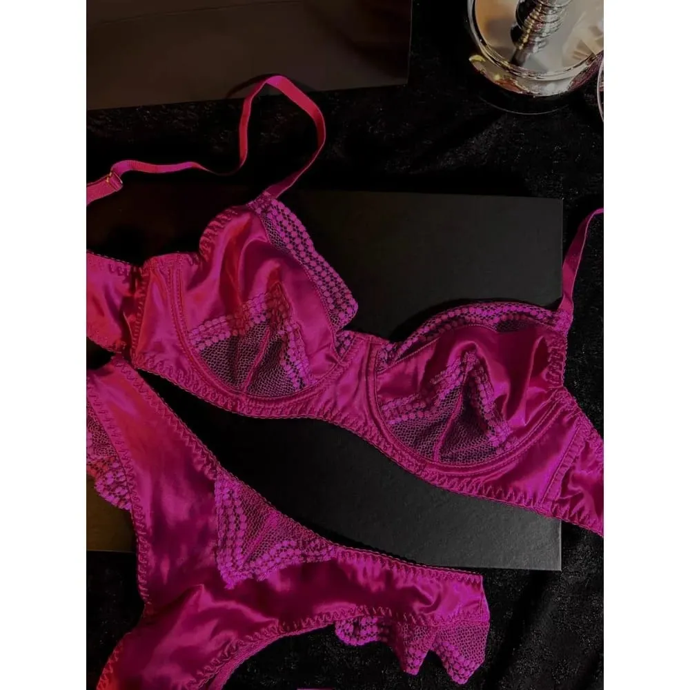 Conjunto de sutiã de cetim francês feminino verão fino minimizador sutiã uplift suporte lingerie conjunto para busto grande roupa interior elegante 32-38 ab