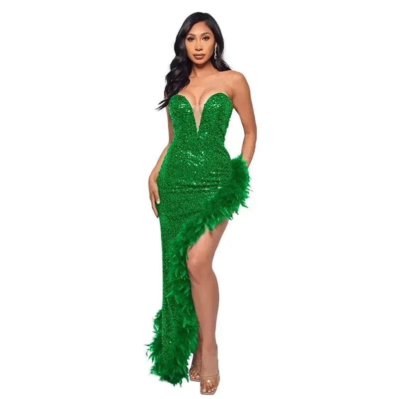 yaya feminino lantejoulas sem alças pena alta lateral divisão sem alças bodycon midi maxi vestido sexy clube até vestidos de festa