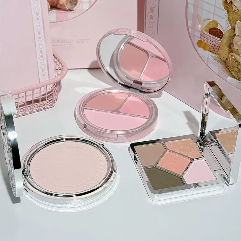 VALOR DA ARTE 7 PCs Conjuntos de maquiagem multiuso incluem 3 lama labial fosca 1 pó prensado 1 blush 1 paleta de olhos e colar cosméticos