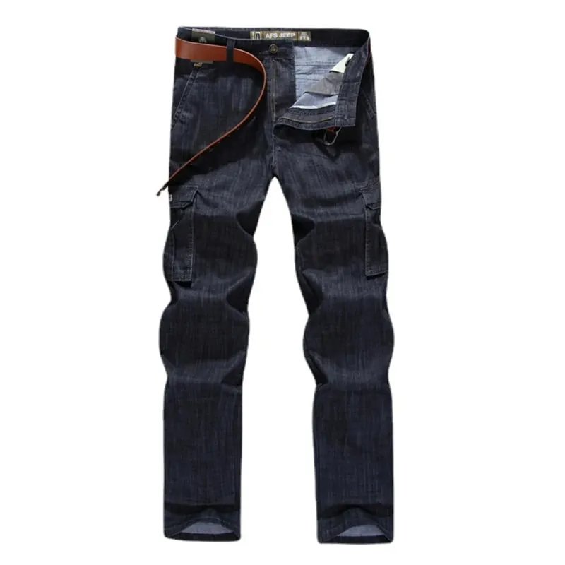 Calças de brim masculinas de alta qualidade multi bolso denim calças de carga calças casuais de grandes dimensões roupas masculinas calças soltas 29-44