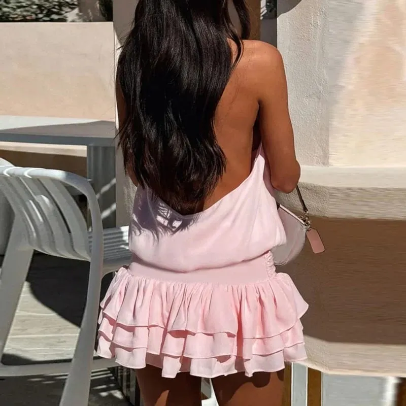 Bandage Solid Elegant Halter Backless Mini Dress Y2K Corset Party Streetwear Slim Sexy Ladies Fashion Vintage Sundress Outfits