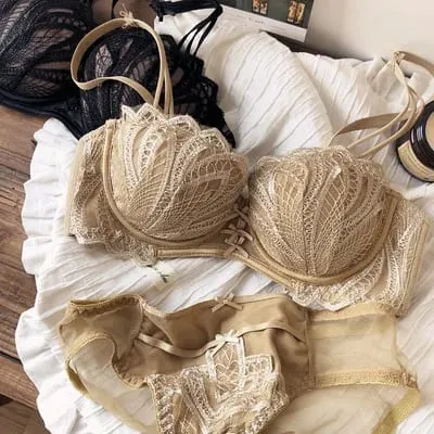 Sexy bordado renda concha meia xícara seios pequenos push up sutiã conjunto engrossar almofada ajustável sutiã calcinha meninas roupa interior