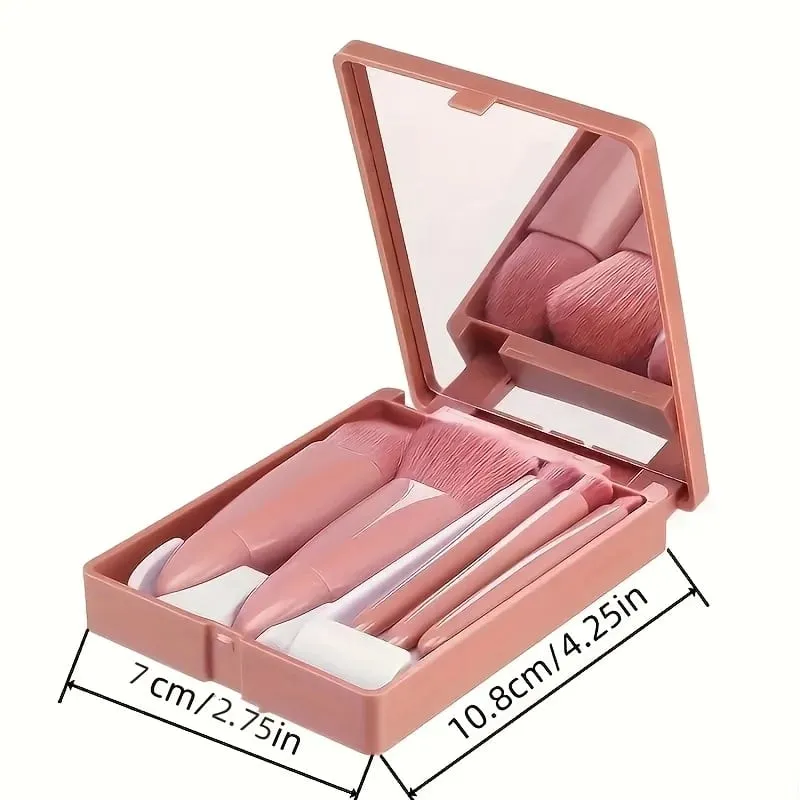 5pcs Mini Pincel de Maquiagem Conjunto com Espelho - Pincéis Cosméticos de Viagem Multifuncionais Unscented Palm Brush Design Ferramentas de Maquiagem