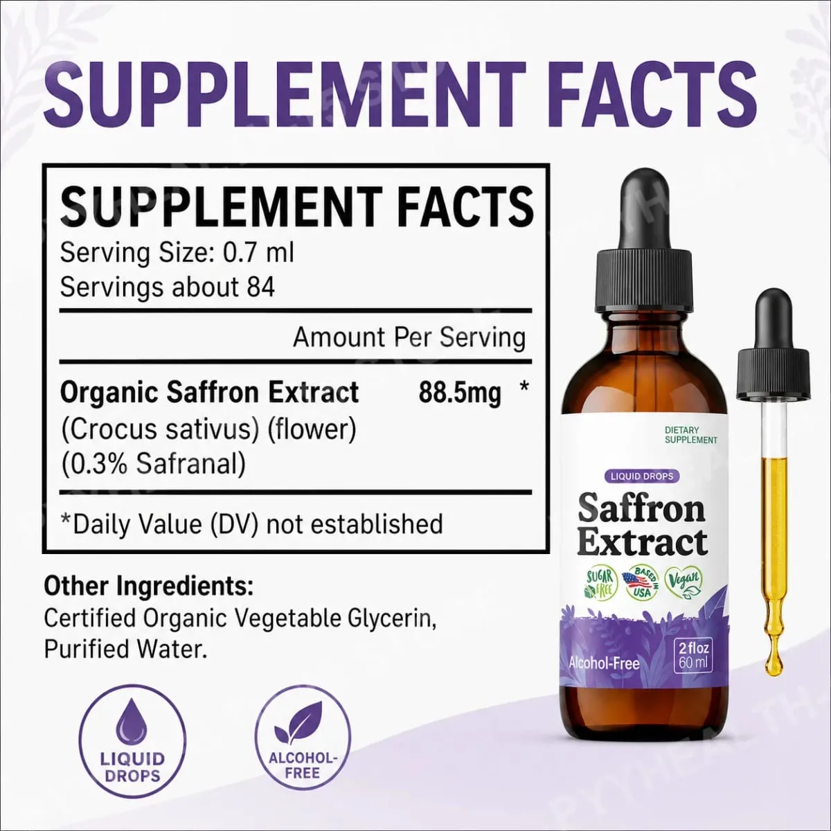 Suplementos de açafrão 88,5 mg - Foco no humor e suporte para os olhos Extrato de açafrão em gotas líquidas misturadas com chá vegano sem álcool 2 onças