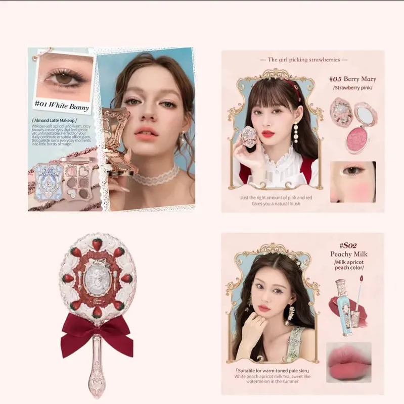 Flor sabe morango rococó série conjunto de maquiagem glitter fosco sombra paleta blush power veludo batom kit perfume conjunto