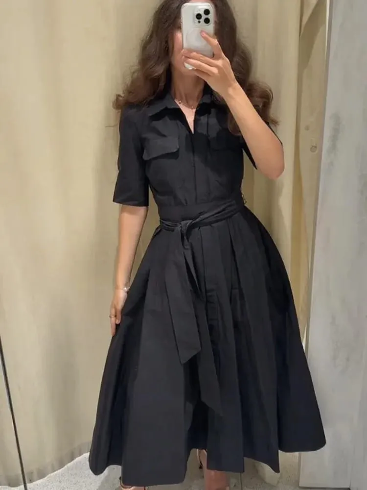Chic sólido manga curta lapela vestido longo para mulheres elegante único breasted cintura maxi vestido senhora férias noite vestidos de festa