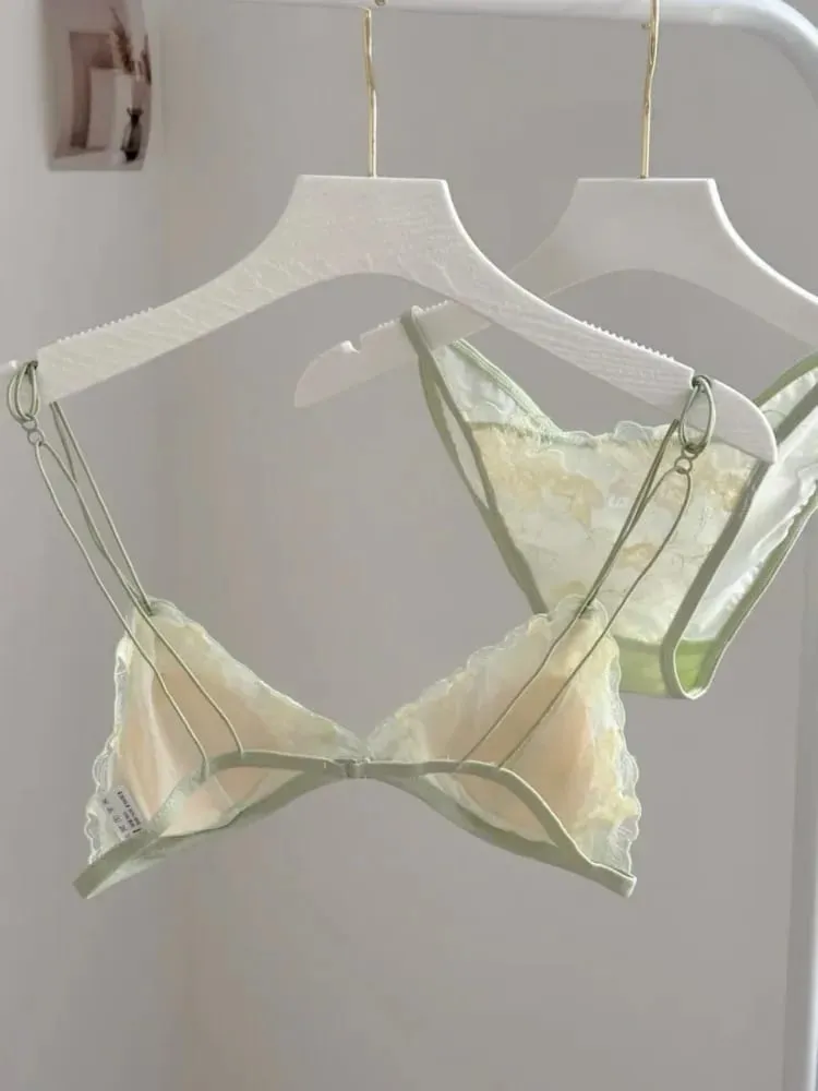 Super sexy conjunto de sutiã de renda transparente oco sem arame triângulo francês bralette e calcinha feminina lingerie quente 2026 moda