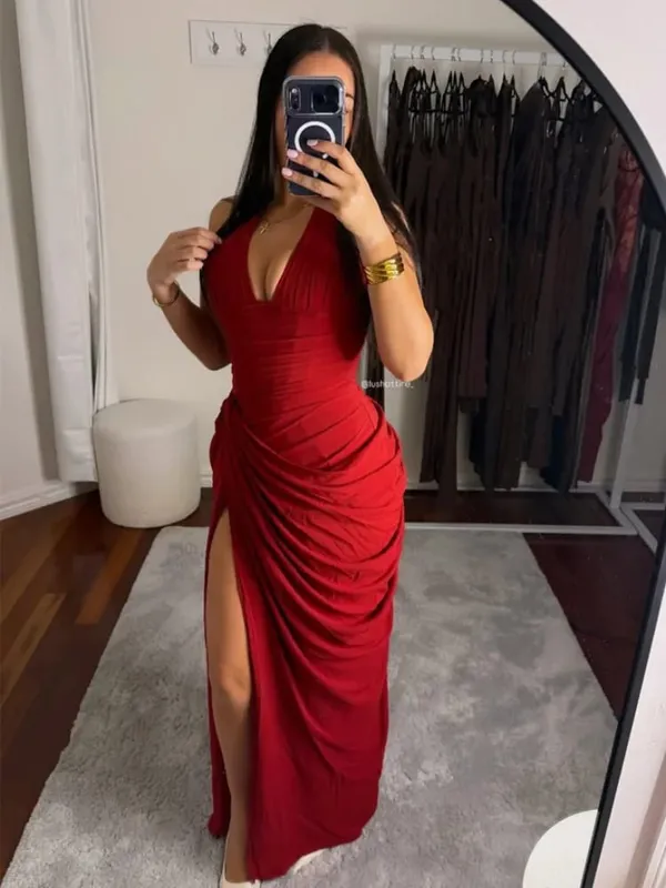 Elegante amarelo sem alças plissado vestido longo feminino chique sólido sem mangas cintura cinching split vestido 2026 senhora festa de noite robes