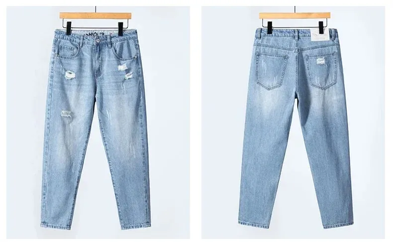 Verão fino rasgado jeans dos homens em linha reta respirável lavado denim calças casuais streetwear harlen tornozelo comprimento calças azul claro