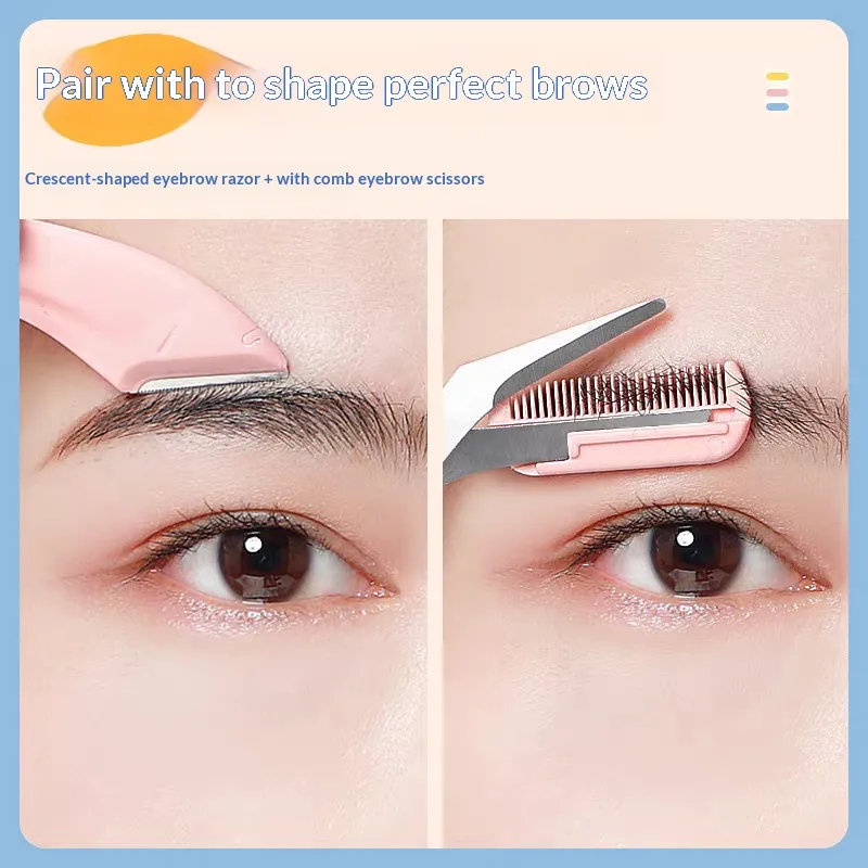 Conjunto de aliciamento de sobrancelha com pente tesoura de sobrancelha curvada segurança sobrancelha navalha profissional maquiagem ferramentas de corte para iniciantes