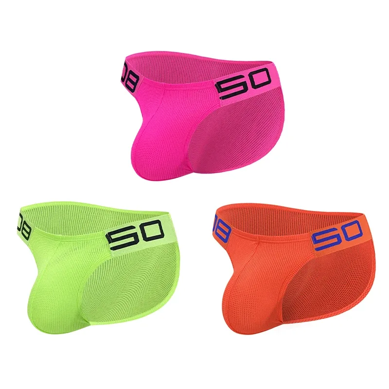 Cuecas masculinas de mistura de nylon, cuecas respiráveis ​​com letras de chifre em relevo, cintura elástica larga, cor fluorescente, roupa íntima sexy