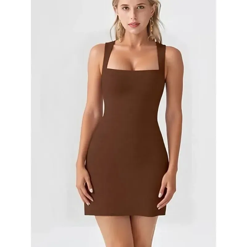 Verão elegante cor sólida simples pescoço quadrado sem mangas curto dresst nova moda versátil casual feminino magro básico vestido — image 6