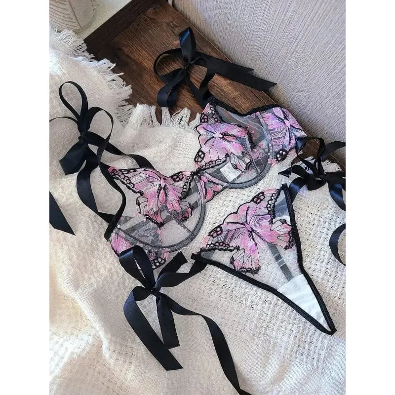 Reggente Pizzo Francese Farfalla Rete Trasparente Spalline Elastiche Senza Spugna Set Intimo S-XL Nuovo Morbido