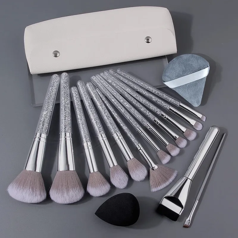 Conjunto de pincéis de maquiagem profissional com alça de strass, 10/12/15/17 peças, com saco de armazenamento, esponja de beleza, pó para rosto e olhos