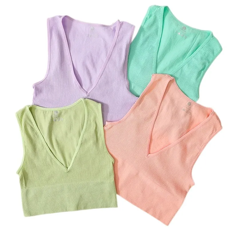 Profundo decote em v wome colheita topo cor sólida fino ajuste tanque elástico sem mangas colete casual com nervuras malha sutiã topo de corte baixo camisola M-XL