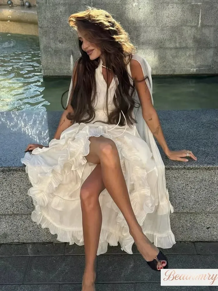 Sólido multi-camada babados maxi vestido feminino elegante sem mangas fora do ombro vestidos de cintura alta 2026 férias roupas femininas
