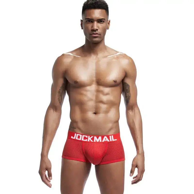 Jockmail Boxers Sexy Mens Panties Mesh Quick-drying Breathable Calzoncillos Solid Color Simple Boxers Hombre Semi-transparent