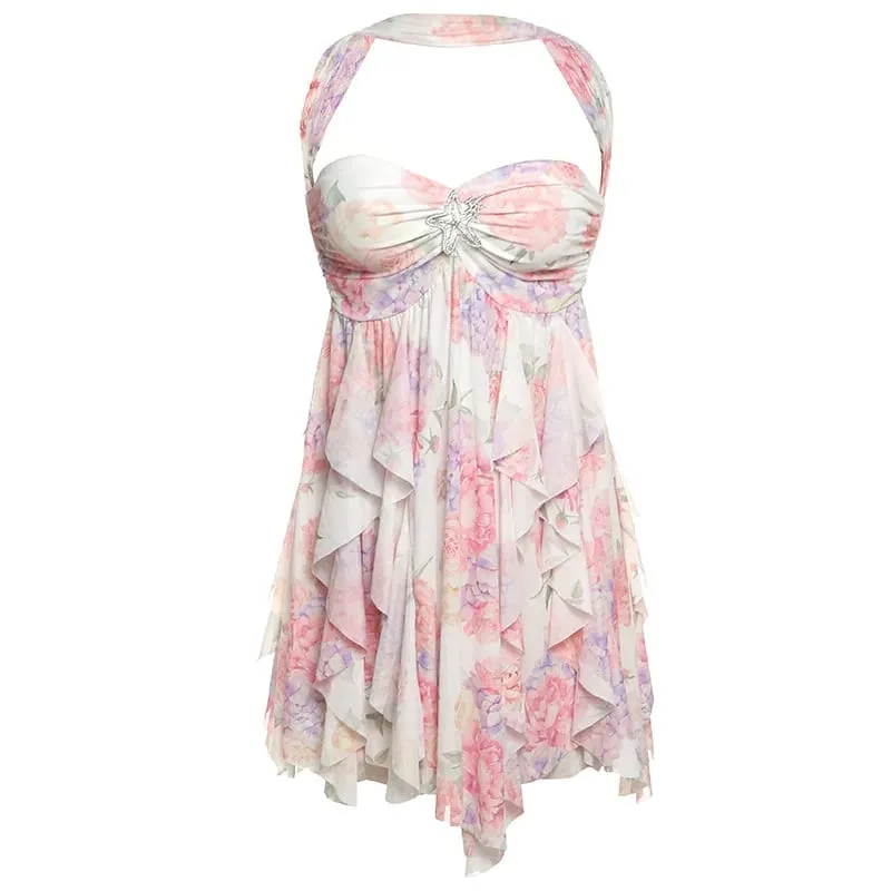 Flor impressa malha sem alças mini vestido baixo pescoço sem mangas vestidos sem costas chique high street diário commute 2025 senhora novo robe