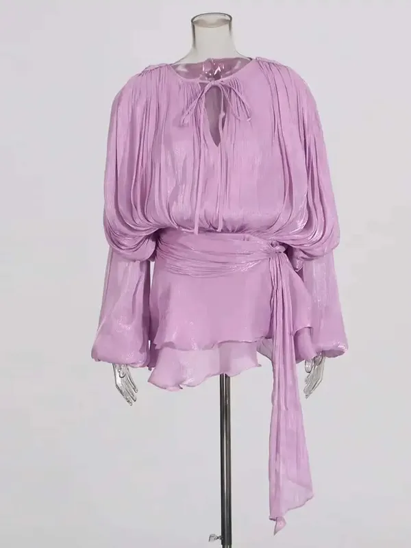 Blusa sólida mini vestidos para mulheres com decote em v manga longa emendado rendas até vestido estilo doce roupas femininas moda — image 19