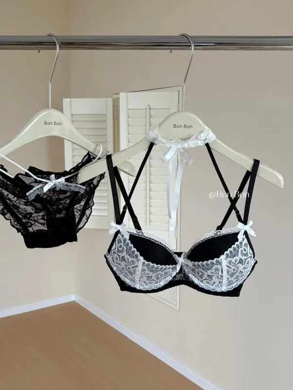Conjunto de sutiã de renda romântico francês halter pescoço feminino push up suporte macio elástico lingerie roupa interior pequeno busto セクシーな S-XL