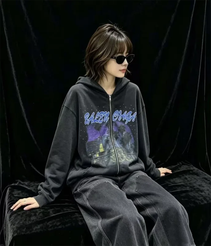 False Rhinestone Starry Sky Pattern Print Washed Zipper Loose Hoodie Street Casual Cotton Versatile Sports Trendy Sweatshirt — image 25
