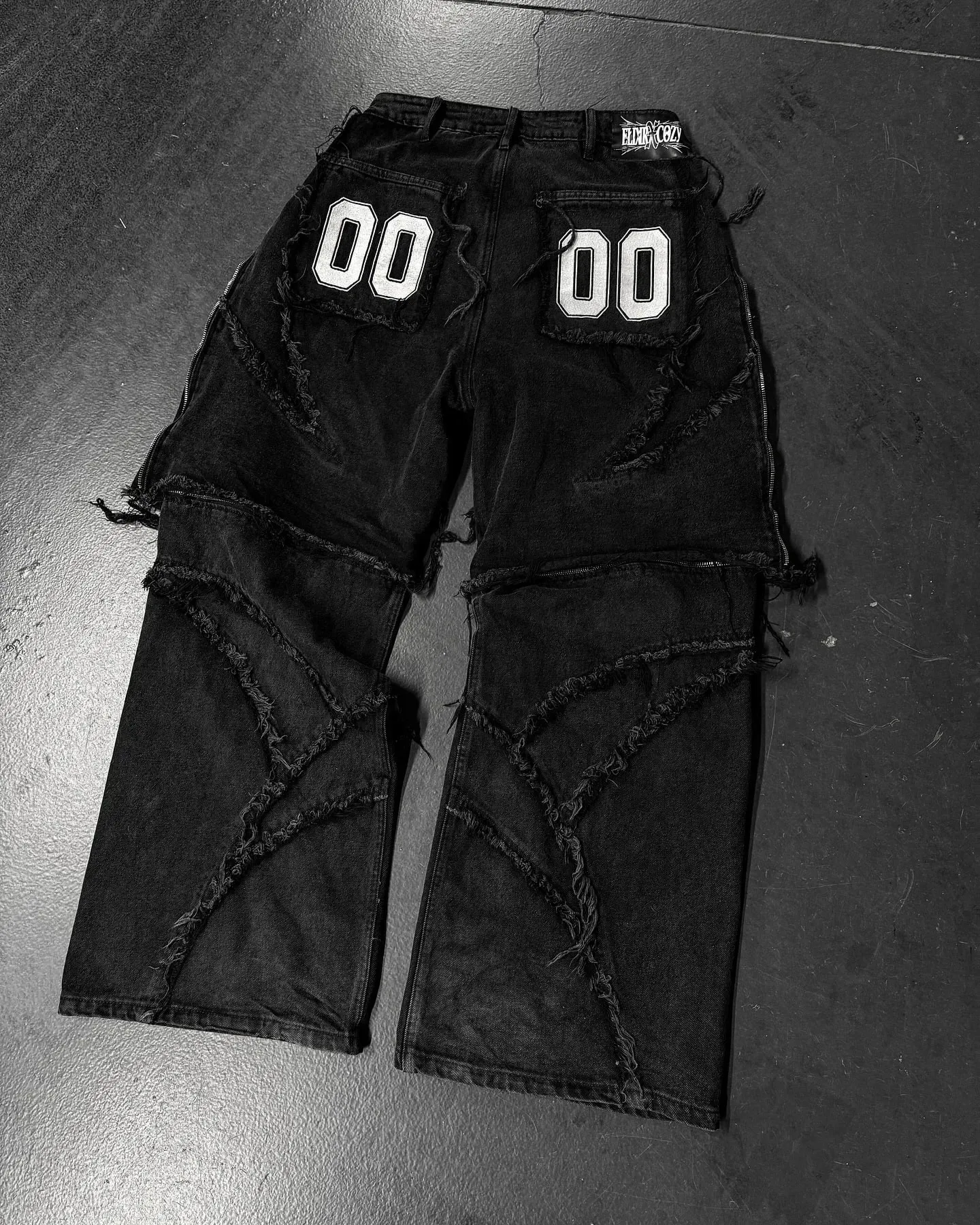 Elixir X Cozy 可拆卸牛仔褲復古龐克街頭拉鍊拼布條紋牛仔褲男士黑色寬鬆嘻哈拼接牛仔褲