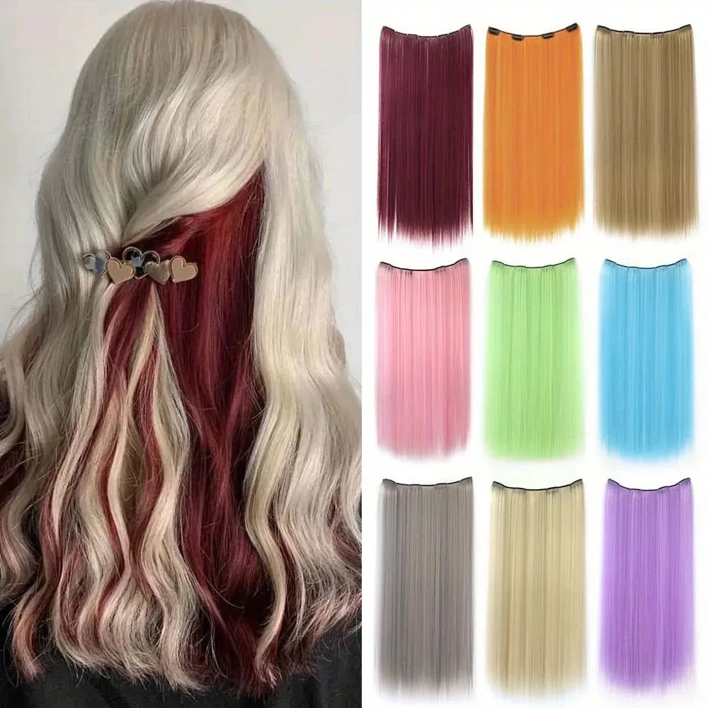 Extensões de cabelo sintéticas, coloridas, com prendedor, longo, reto, pendurado na orelha, tingimento, peça de cor, fina, sem costura, cabelo falso — image 2