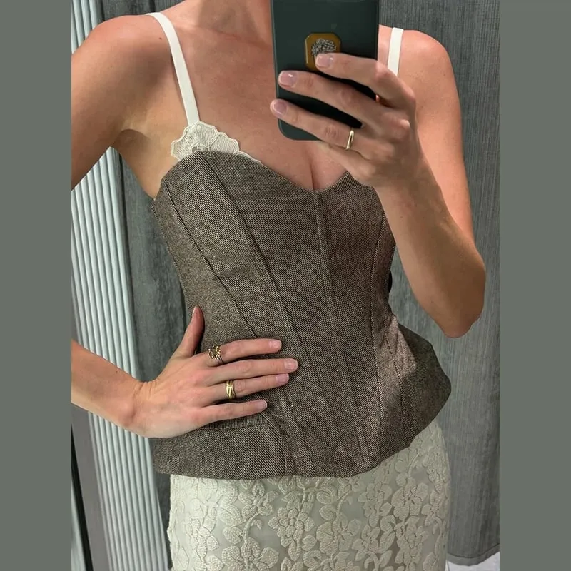 Floral impressão cami espartilho topo tiras finas u pescoço estruturado cintura pontiaguda bainha vintage 2026 primavera verão férias senhora chique topo