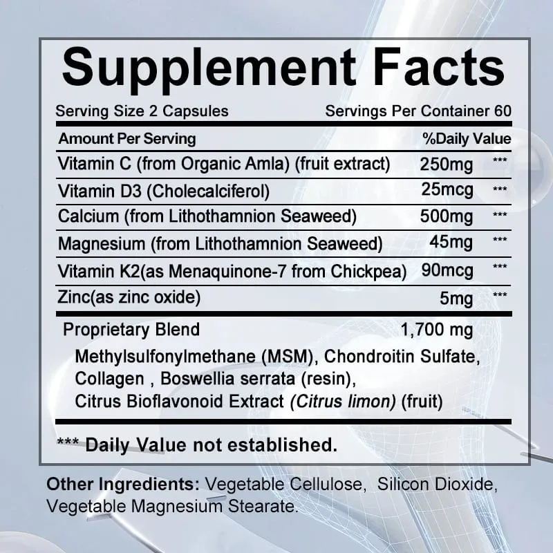 Cápsulas ósseas completas contendo cálcio e vitaminas D K e C para a saúde das articulações, pele dos ossos, saúde das unhas e osteoporose